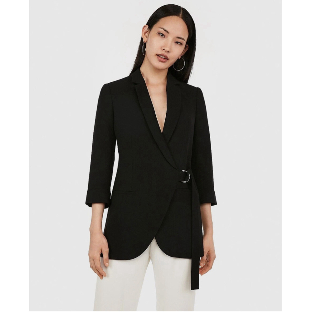 EXPRESS Belted Wrap Boyfriend Blazer Jacket LARGE Black Capsule Office Core NEW